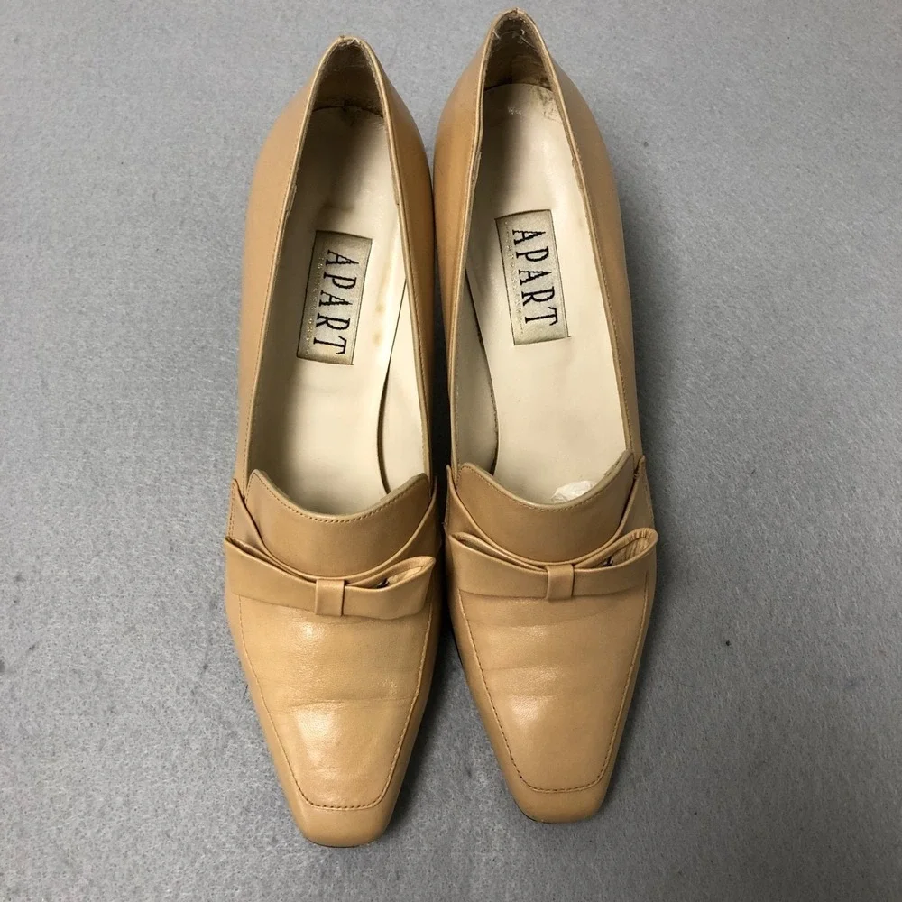 Vintage Apart Leather Pumps Womens 8.5 Beige Bow‎ Square Toe Business Career